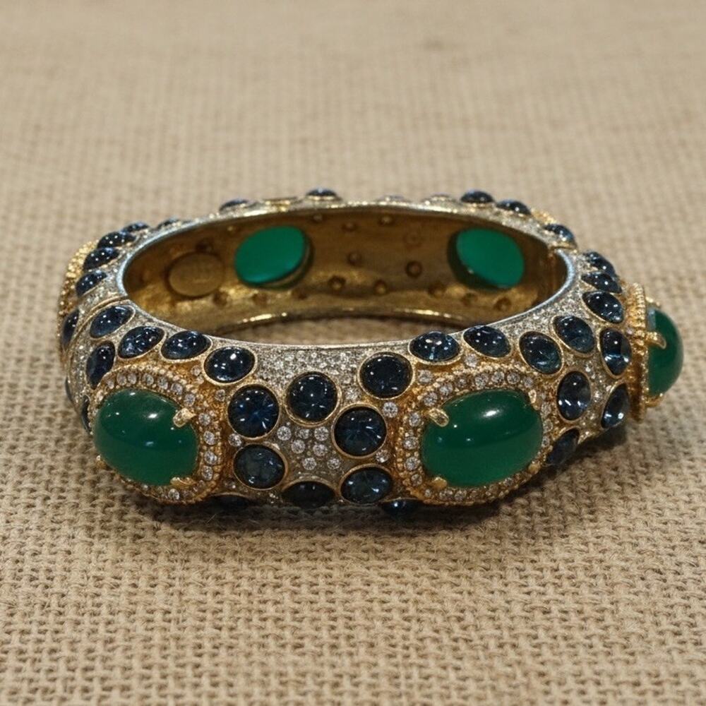 Kenneth Jay Lane KJL Mogul Cabochon Green & Blue Glass Pave Bangle Bracelet 7”*
